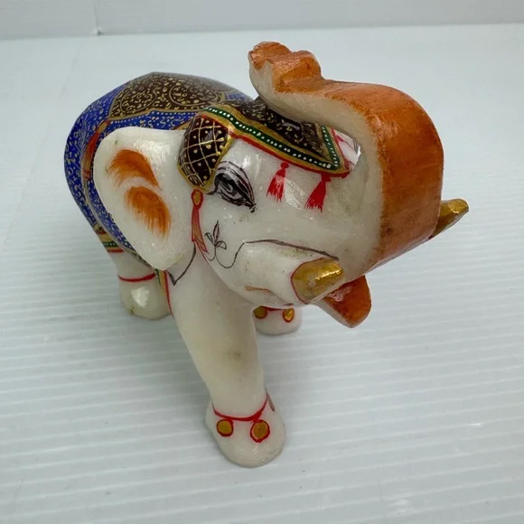 VTG White Marble Trunk Up Stone Hand Painted Elephant StatueHome Decor Gift